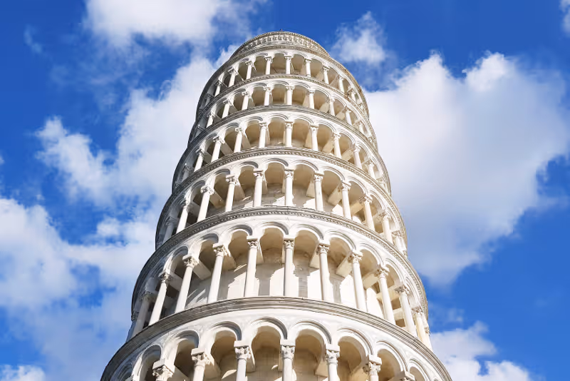 Close-up of the Leaning Tower of Pisa's marble arches
